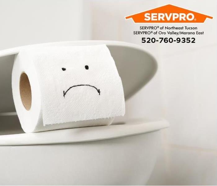 A toilet paper roll with an unhappy face is shown sitting on a toilet.
